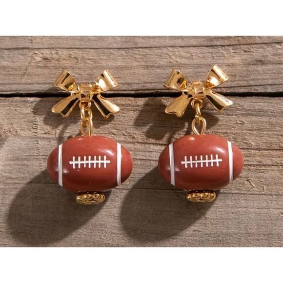 NWT Unique Vintage Style Brown Football Golden Bow Drop Earrings - Picture 4 of 6